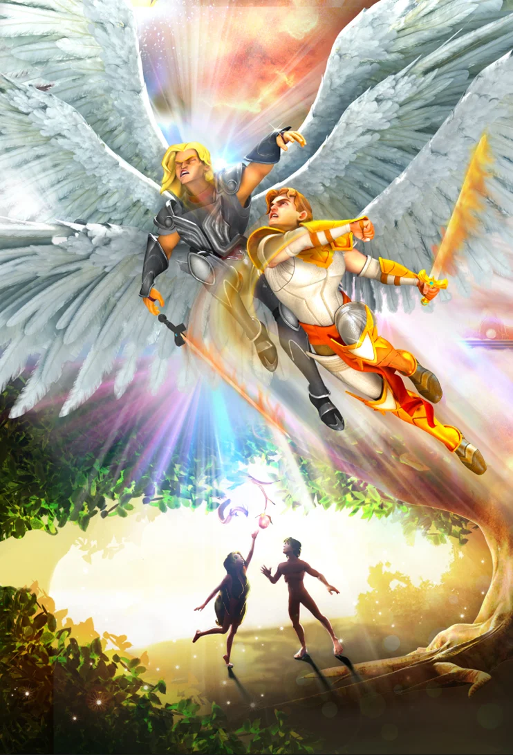 Angelic figures soar above Adam and Eve as they reach for the forbidden fruit beneath a glowing tree.