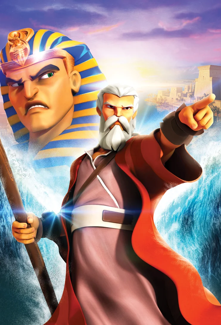 An elder with a staff points forward, parting the sea, with an angry Pharaoh's face looming behind, depicting the Exodus story of Moses leading the Israelites.