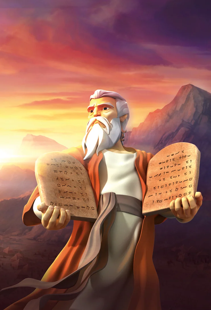 An elder holds two stone tablets inscribed with ancient text, standing on a mountain at sunset, representing Moses receiving the Ten Commandments.