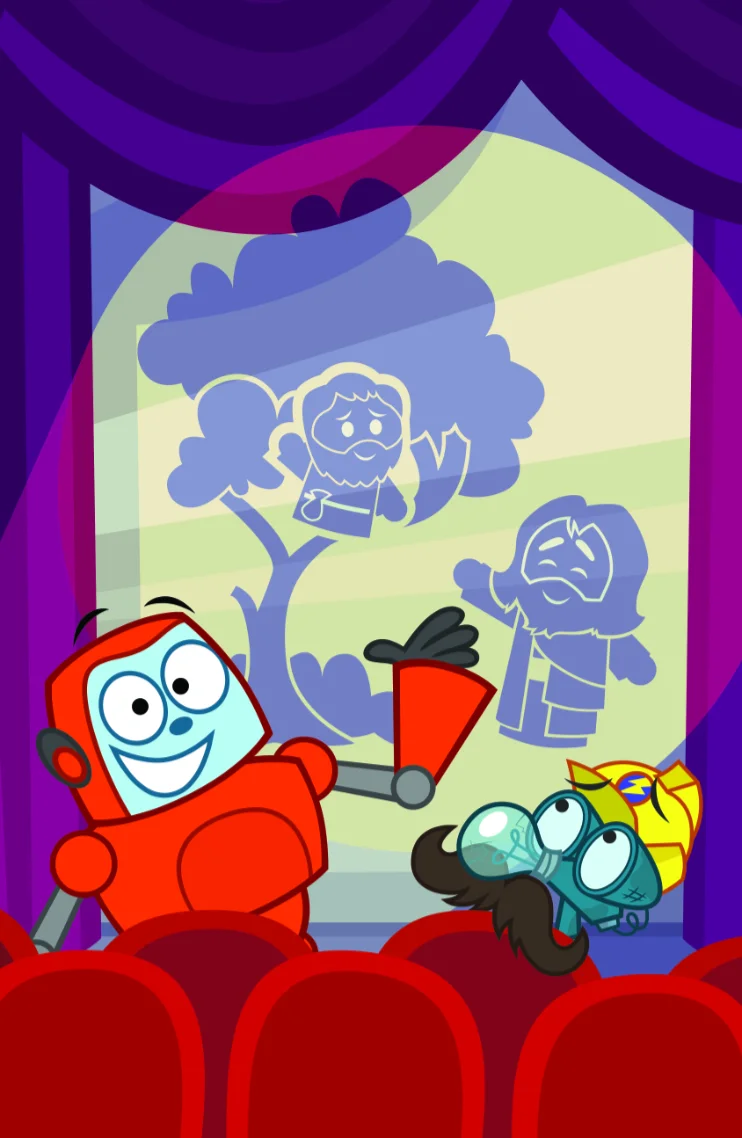 A fun, animated scene featuring Gizmo and another character sitting in a theatre, with Gizmo pointing excitedly at a shadow play on the screen.