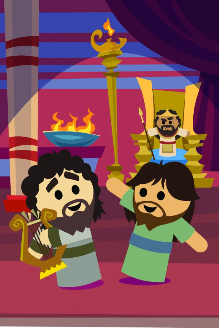 A cute, animated depiction of King Saul sitting on a throne in the background while David plays a harp in the foreground, accompanied by another figure.