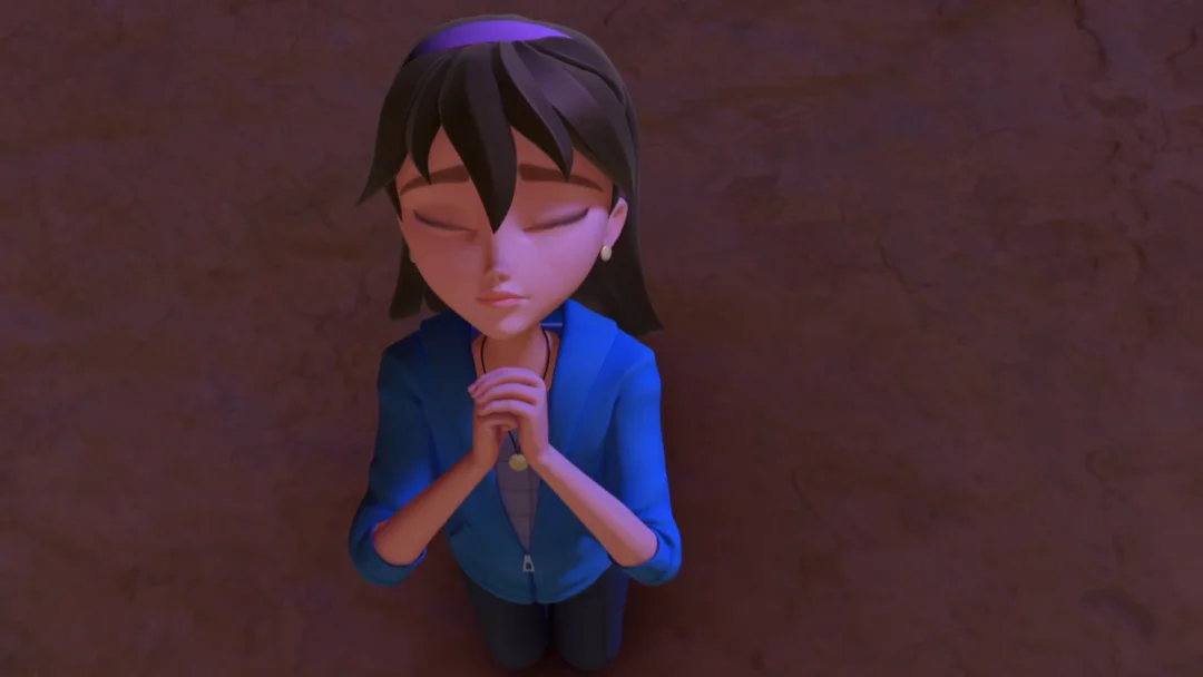 Joy, kneeling with her hands clasped in prayer, her eyes closed, and an expression of calm or devotion on her face.