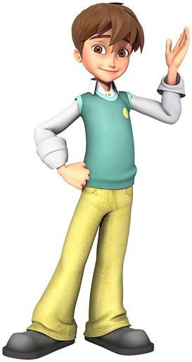 Chris with a friendly expression, dressed in a green sweater vest over a white shirt, yellow trousers, and black shoes.