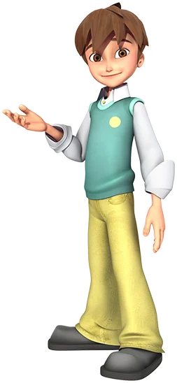An animated character, a boy with brown hair, wearing a green vest over a white shirt and yellow trousers, stands with one hand extended in a friendly gesture.