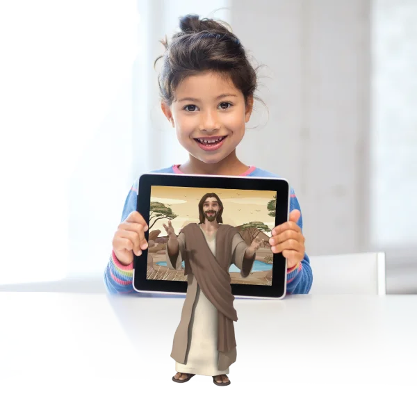 A young girl smiles while holding an iPad, which displays an animated figure of Jesus, seemingly standing on the table in front of her, with outstretched arms and a welcoming expression.