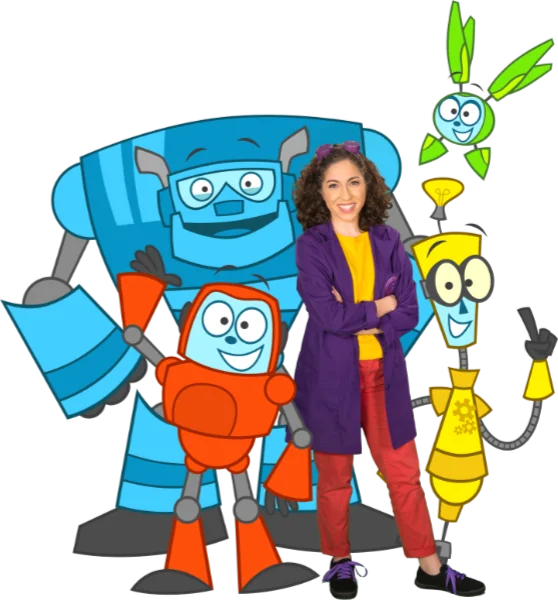 A cheerful group image featuring a young woman dressed in vibrant colours, surrounded by a team of animated robot friends. 