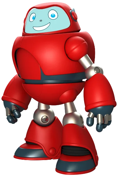 A red, smiling robot named Gizmo stands with a cheerful expression, featuring a rounded body, metallic arms and legs, and blue accents on its hands and feet.